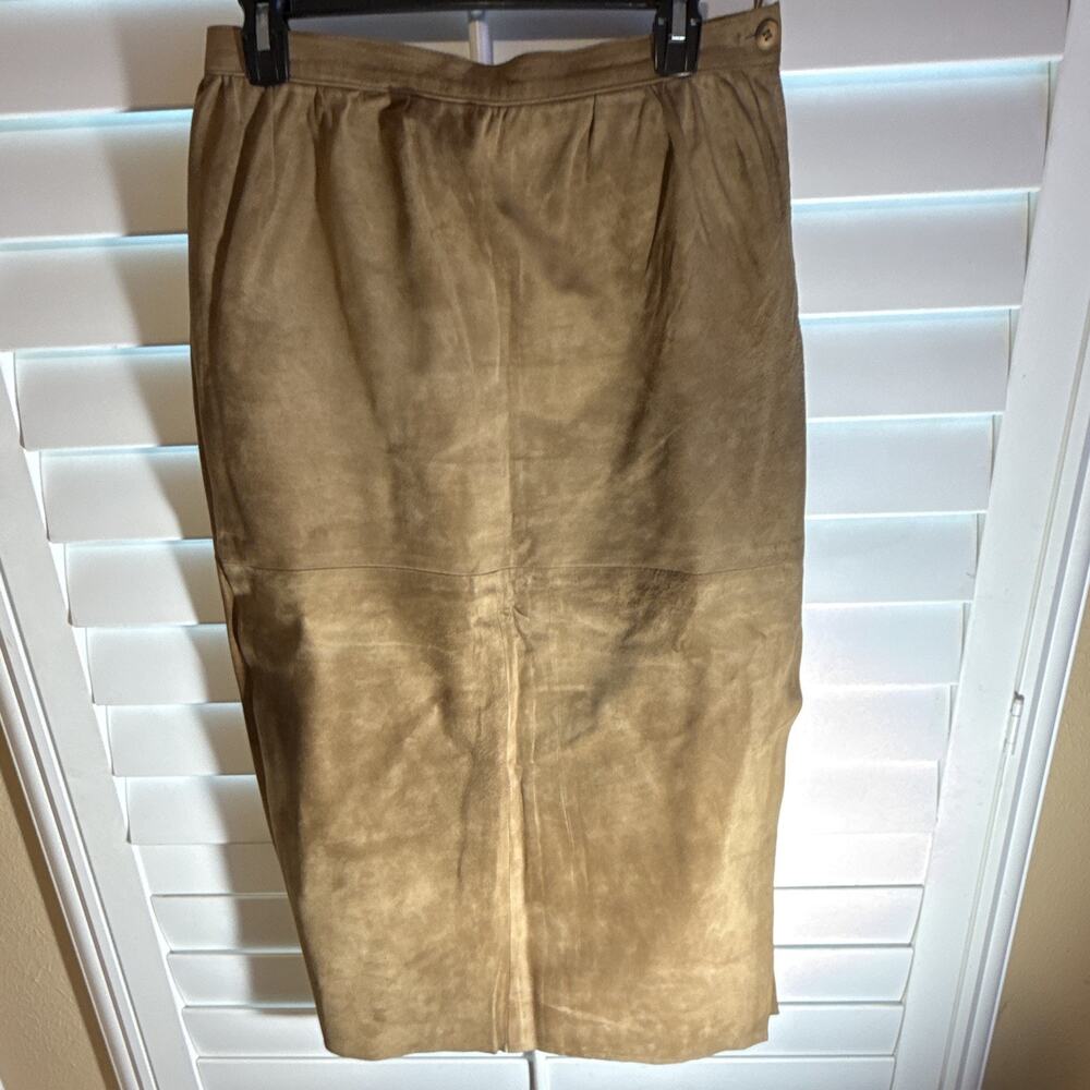 Neiman Marcus Brown Suede Leather Pencil Midi Skirt Slit Zipper Size 12